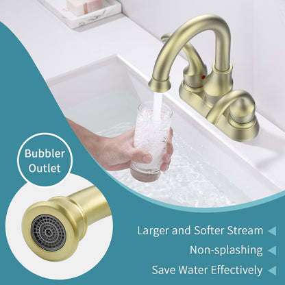 Brushed Gold Crescent Moon Style 4-Inch Centerset Bathroom Sink Faucet, Two-Handle Vanity Faucet with 360° Swivel Spout, Pop-Up Drain & Supply Lines