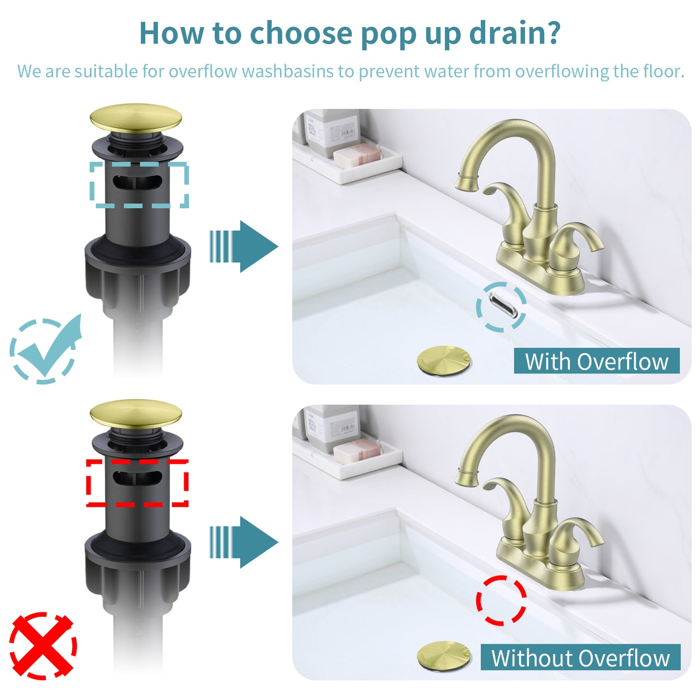 Brushed Gold Crescent Moon Style 4-Inch Centerset Bathroom Sink Faucet, Two-Handle Vanity Faucet with 360° Swivel Spout, Pop-Up Drain & Supply Lines