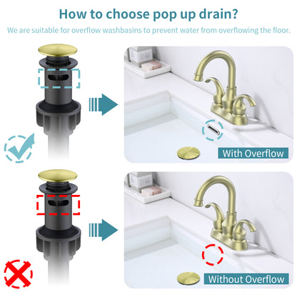 Brushed Gold Crescent Moon Style 4-Inch Centerset Bathroom Sink Faucet, Two-Handle Vanity Faucet with 360° Swivel Spout, Pop-Up Drain & Supply Lines