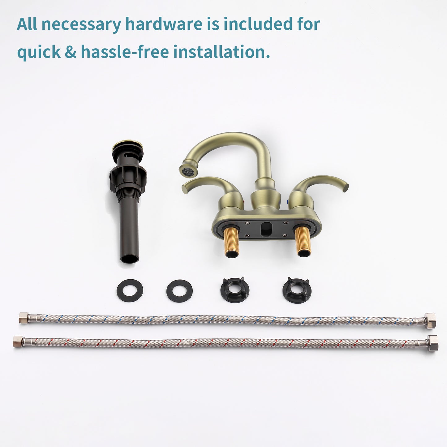 Brushed Gold Crescent Moon Style 4-Inch Centerset Bathroom Sink Faucet, Two-Handle Vanity Faucet with 360° Swivel Spout, Pop-Up Drain & Supply Lines
