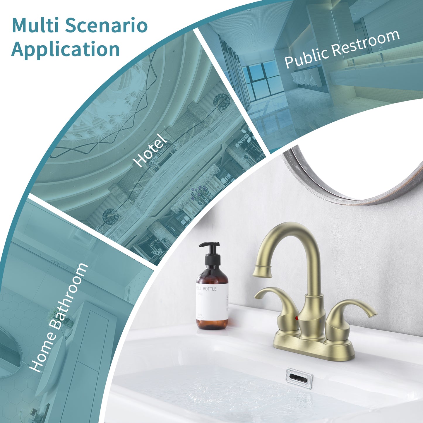 Brushed Gold Crescent Moon Style 4-Inch Centerset Bathroom Sink Faucet, Two-Handle Vanity Faucet with 360° Swivel Spout, Pop-Up Drain & Supply Lines