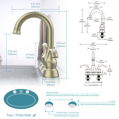 Brushed Gold Crescent Moon Style 4-Inch Centerset Bathroom Sink Faucet, Two-Handle Vanity Faucet with 360° Swivel Spout, Pop-Up Drain & Supply Lines