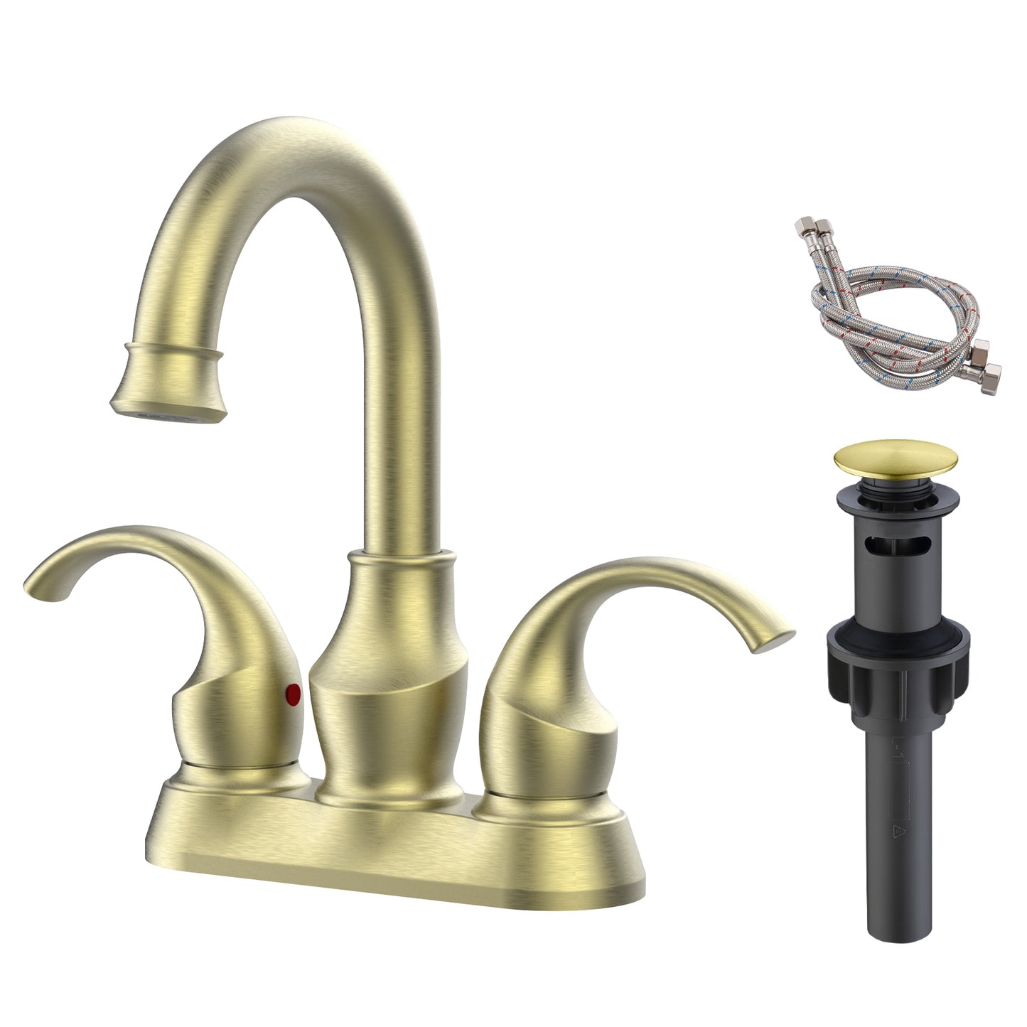 Brushed Gold Crescent Moon Style 4-Inch Centerset Bathroom Sink Faucet, Two-Handle Vanity Faucet with 360° Swivel Spout, Pop-Up Drain & Supply Lines