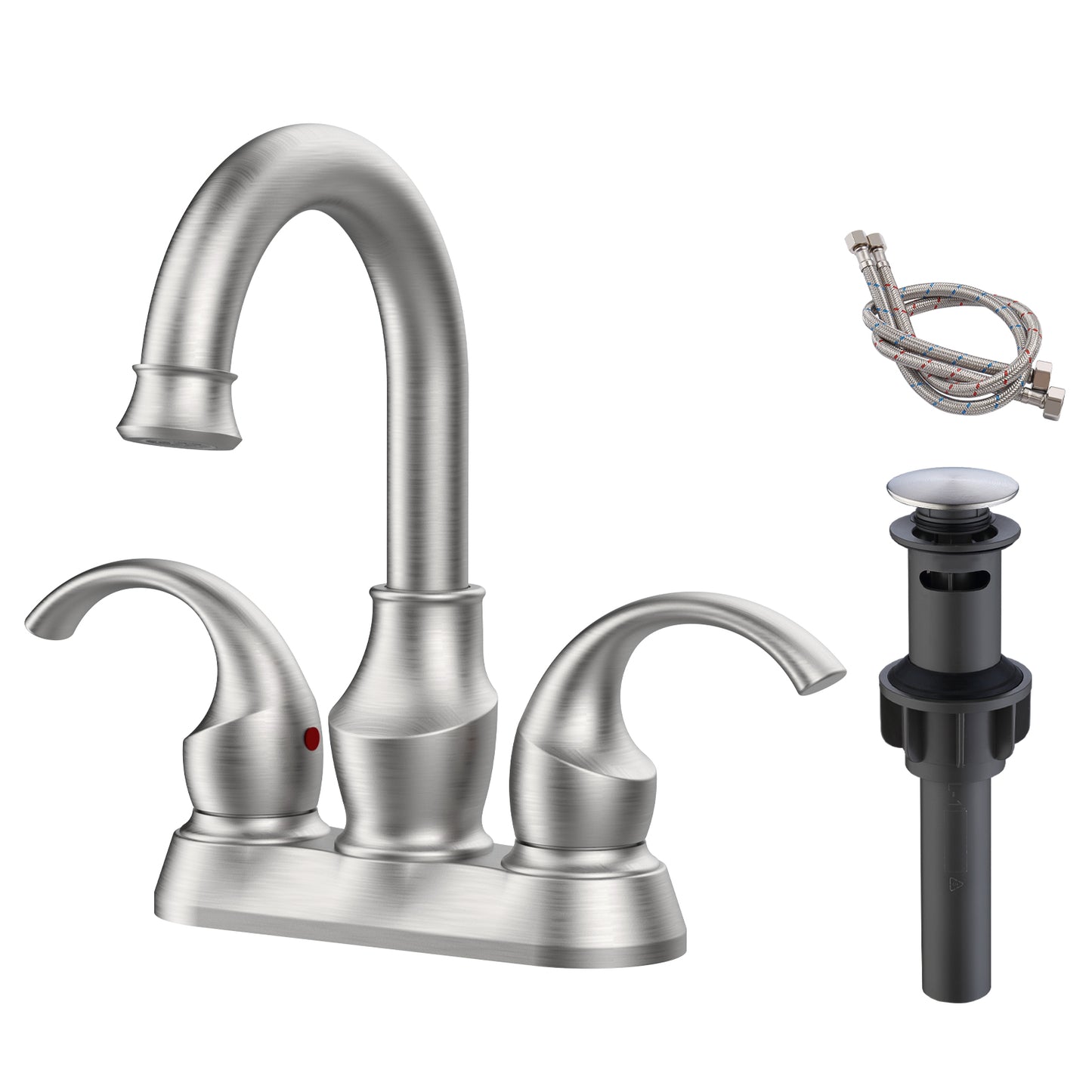 Brushed Nickel Crescent Moon Style 4-Inch Centerset Bathroom Sink Faucet, Two-Handle Vanity Faucet with 360° Swivel Spout, Pop-Up Drain & Supply Lines