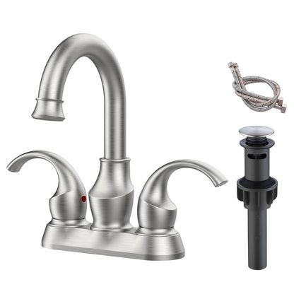Brushed Nickel Crescent Moon Style 4-Inch Centerset Bathroom Sink Faucet, Two-Handle Vanity Faucet with 360° Swivel Spout, Pop-Up Drain & Supply Lines