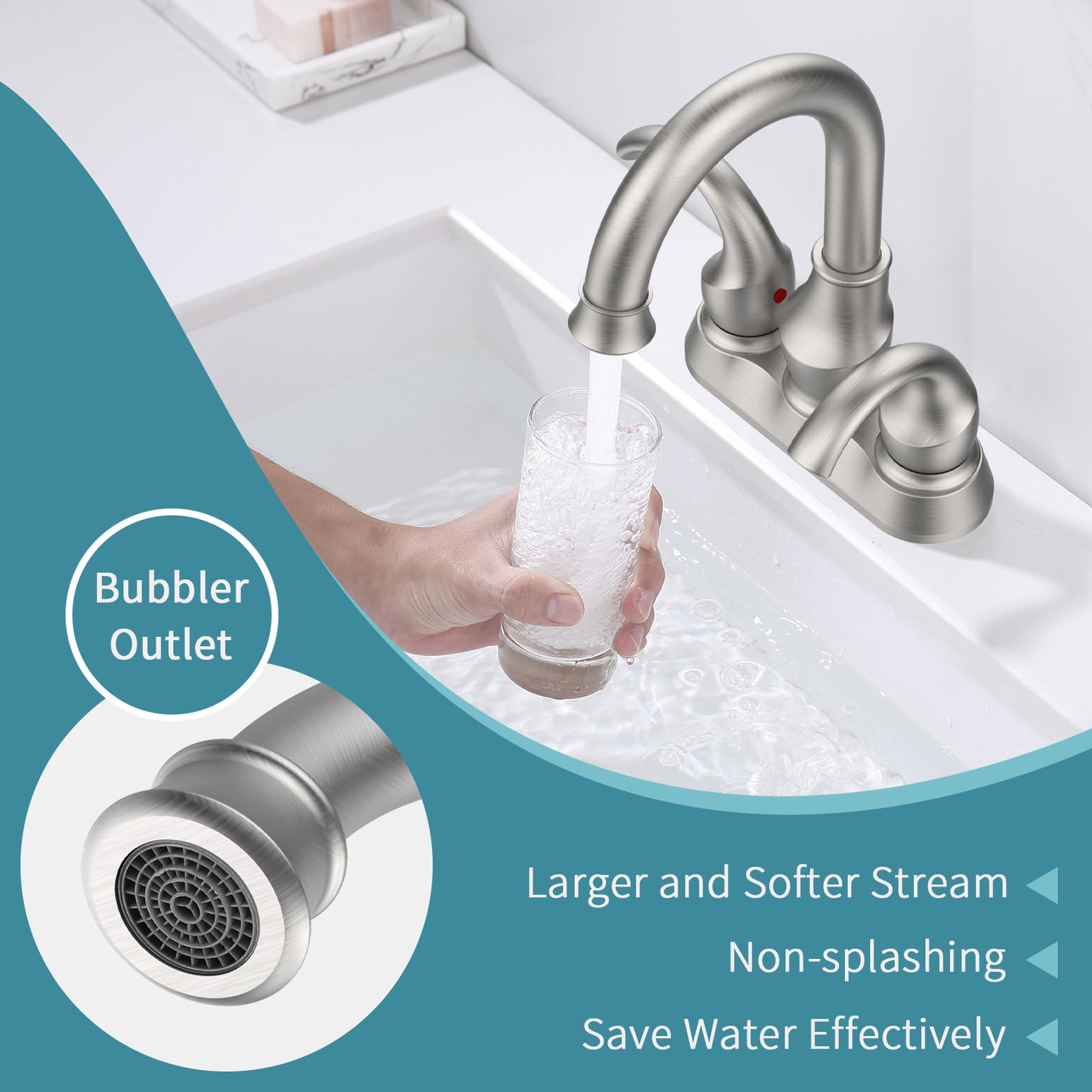 Brushed Nickel Crescent Moon Style 4-Inch Centerset Bathroom Sink Faucet, Two-Handle Vanity Faucet with 360° Swivel Spout, Pop-Up Drain & Supply Lines