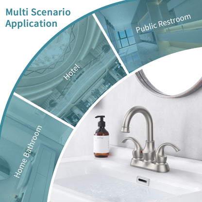 Brushed Nickel Crescent Moon Style 4-Inch Centerset Bathroom Sink Faucet, Two-Handle Vanity Faucet with 360° Swivel Spout, Pop-Up Drain & Supply Lines