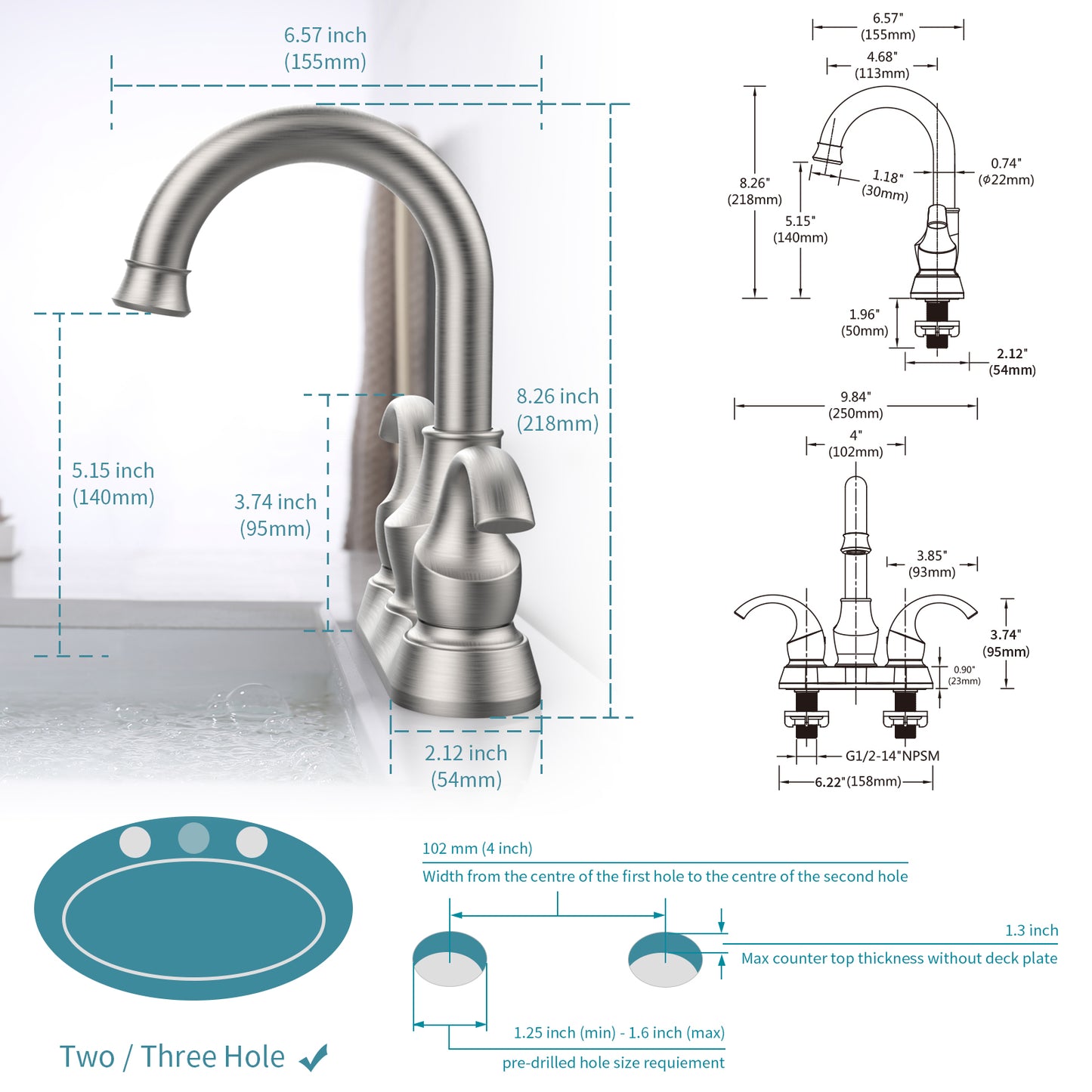 Brushed Nickel Crescent Moon Style 4-Inch Centerset Bathroom Sink Faucet, Two-Handle Vanity Faucet with 360° Swivel Spout, Pop-Up Drain & Supply Lines