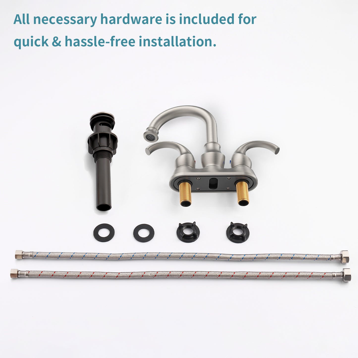 Brushed Nickel Crescent Moon Style 4-Inch Centerset Bathroom Sink Faucet, Two-Handle Vanity Faucet with 360° Swivel Spout, Pop-Up Drain & Supply Lines