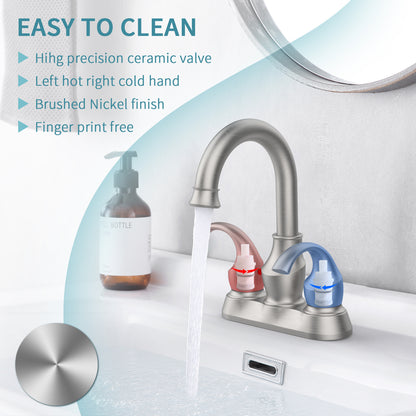 Brushed Nickel Crescent Moon Style 4-Inch Centerset Bathroom Sink Faucet, Two-Handle Vanity Faucet with 360° Swivel Spout, Pop-Up Drain & Supply Lines