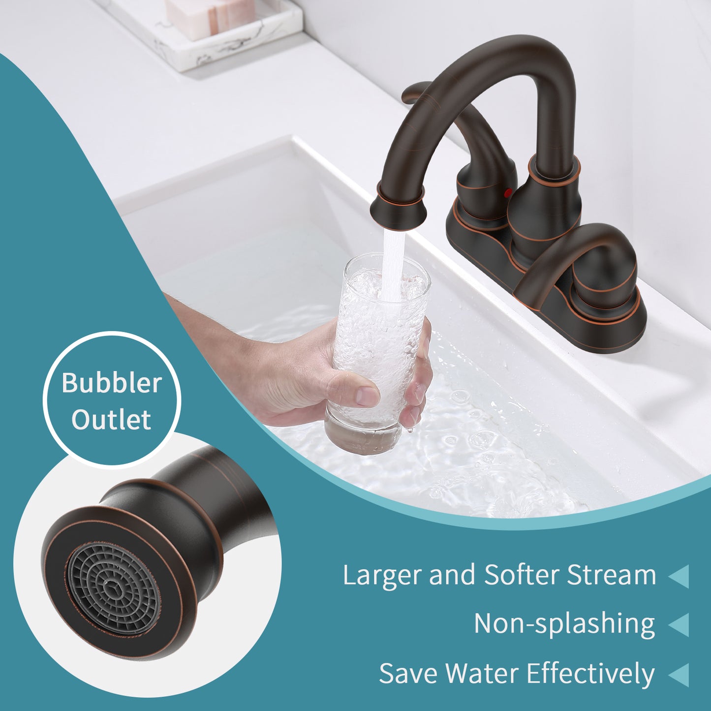 Oil-Rubbed Bronze Crescent Moon Style 4-Inch Centerset Bathroom Sink Faucet, Two-Handle Vanity Faucet with 360° Swivel Spout, Pop-Up Drain & Supply Lines