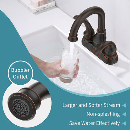 Oil-Rubbed Bronze Crescent Moon Style 4-Inch Centerset Bathroom Sink Faucet, Two-Handle Vanity Faucet with 360° Swivel Spout, Pop-Up Drain & Supply Lines