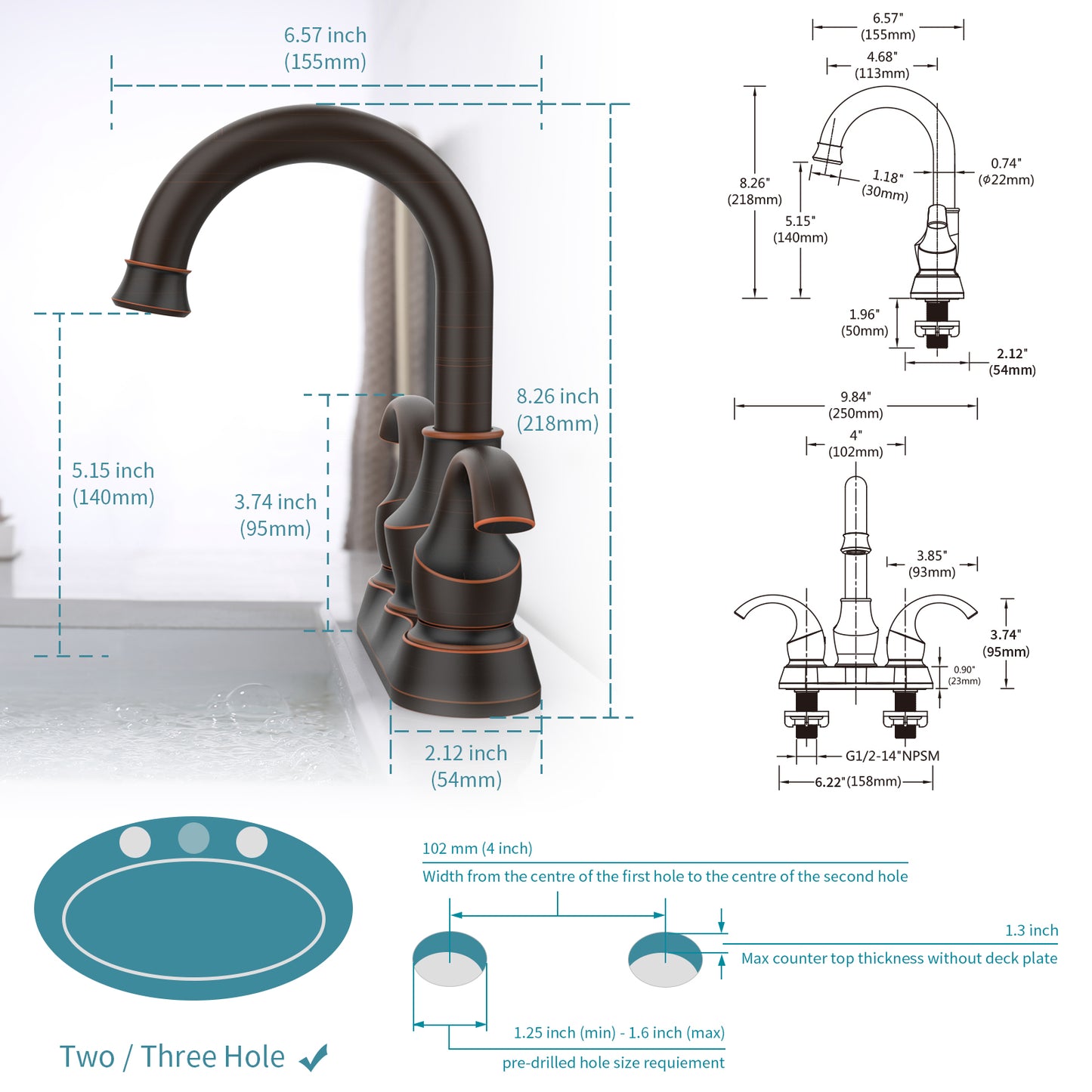 Oil-Rubbed Bronze Crescent Moon Style 4-Inch Centerset Bathroom Sink Faucet, Two-Handle Vanity Faucet with 360° Swivel Spout, Pop-Up Drain & Supply Lines