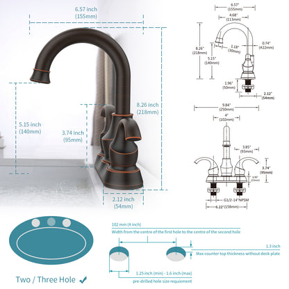 Oil-Rubbed Bronze Crescent Moon Style 4-Inch Centerset Bathroom Sink Faucet, Two-Handle Vanity Faucet with 360° Swivel Spout, Pop-Up Drain & Supply Lines