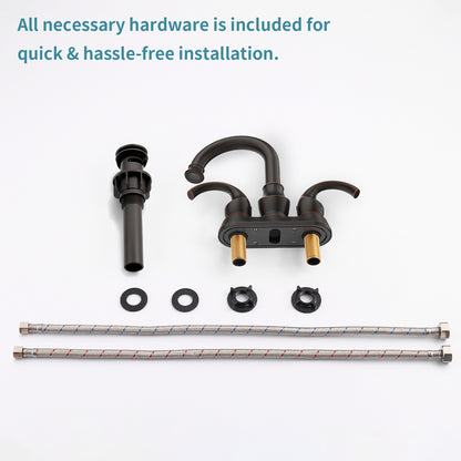 Oil-Rubbed Bronze Crescent Moon Style 4-Inch Centerset Bathroom Sink Faucet, Two-Handle Vanity Faucet with 360° Swivel Spout, Pop-Up Drain & Supply Lines