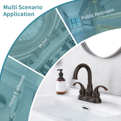 Oil-Rubbed Bronze Crescent Moon Style 4-Inch Centerset Bathroom Sink Faucet, Two-Handle Vanity Faucet with 360° Swivel Spout, Pop-Up Drain & Supply Lines