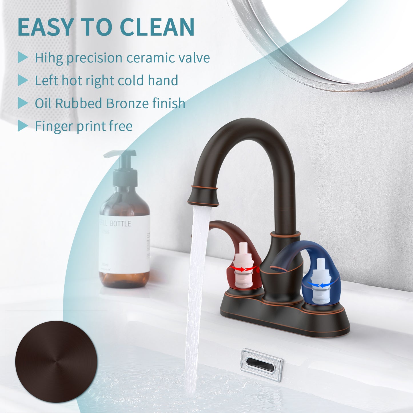 Oil-Rubbed Bronze Crescent Moon Style 4-Inch Centerset Bathroom Sink Faucet, Two-Handle Vanity Faucet with 360° Swivel Spout, Pop-Up Drain & Supply Lines