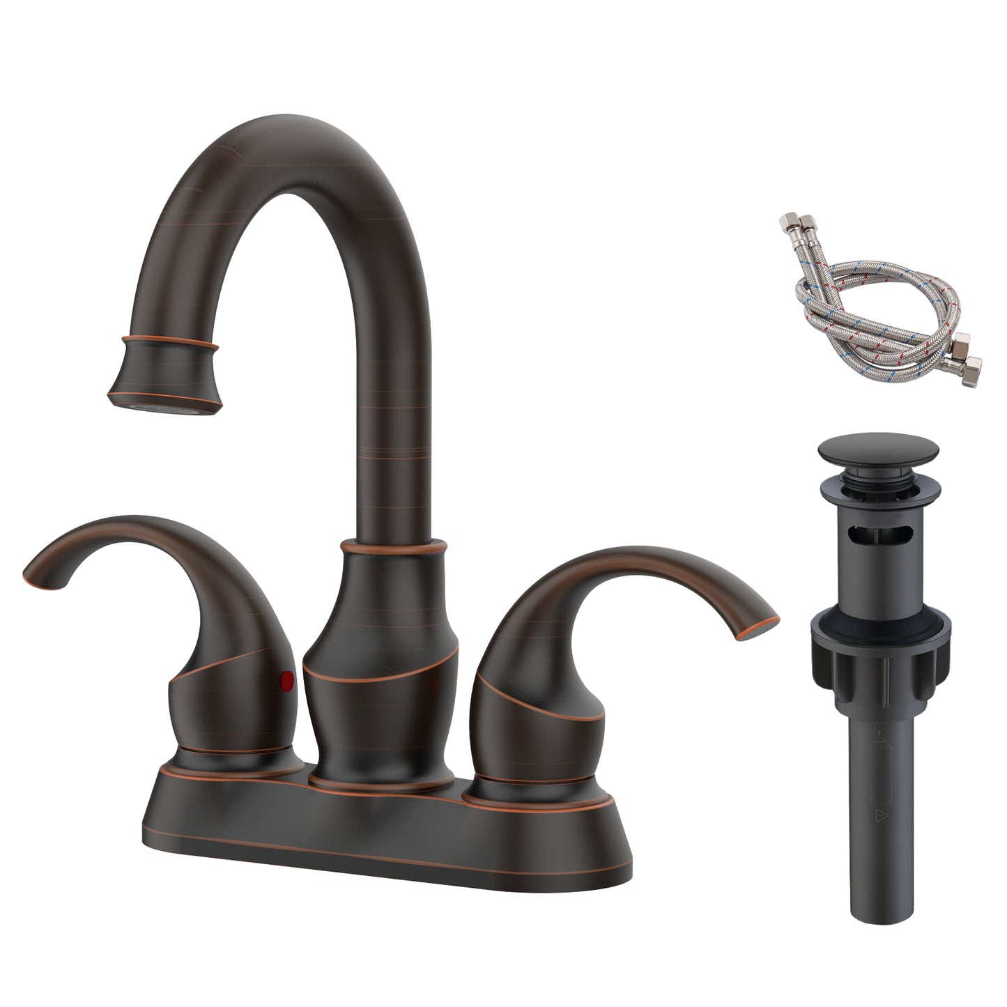 Oil-Rubbed Bronze Crescent Moon Style 4-Inch Centerset Bathroom Sink Faucet, Two-Handle Vanity Faucet with 360° Swivel Spout, Pop-Up Drain & Supply Lines