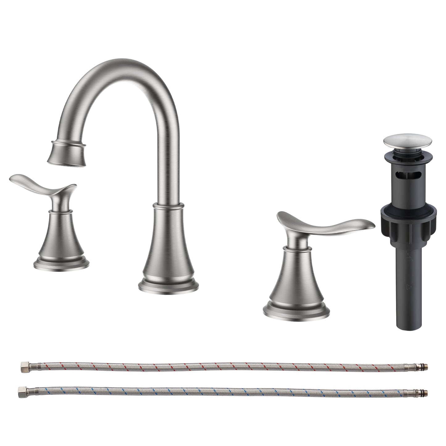 2-Handle 8-Inch Widespread Bathroom Sink Faucet, Brushed Nickel 3-Hole Vanity Faucet with 360° Swivel Spout, Pop-Up Drain & Supply Lines Included