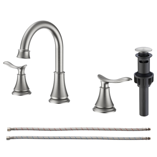 2-Handle 8-Inch Widespread Bathroom Sink Faucet, Brushed Nickel 3-Hole Vanity Faucet with 360° Swivel Spout, Pop-Up Drain & Supply Lines Included