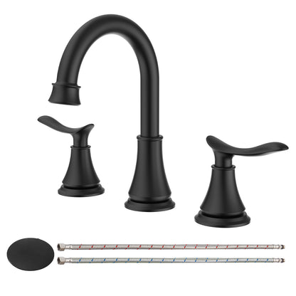 2-Handle 8-Inch Widespread Bathroom Sink Faucet, Matte Black 3-Hole Vanity Faucet with 360° Swivel Spout, Pop-Up Drain & Supply Lines Included