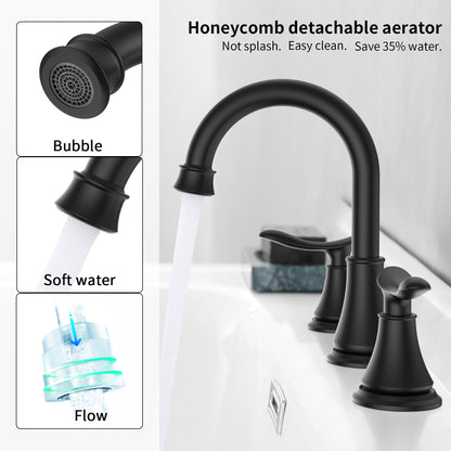 2-Handle 8-Inch Widespread Bathroom Sink Faucet, Matte Black 3-Hole Vanity Faucet with 360° Swivel Spout, Pop-Up Drain & Supply Lines Included