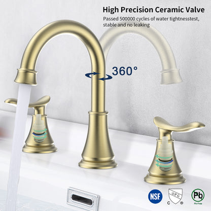 2-Handle 8-Inch Widespread Bathroom Sink Faucet, Brushed Gold 3-Hole Vanity Faucet with 360° Swivel Spout, Pop-Up Drain & Supply Lines Included