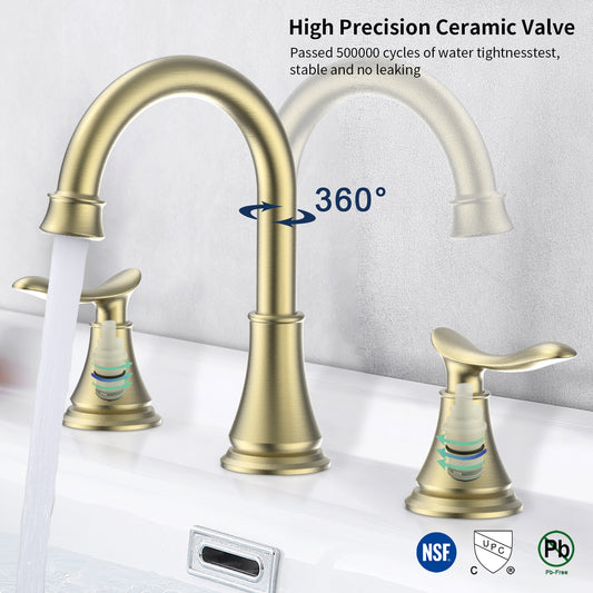 2-Handle 8-Inch Widespread Bathroom Sink Faucet, Brushed Gold 3-Hole Vanity Faucet with 360° Swivel Spout, Pop-Up Drain & Supply Lines Included