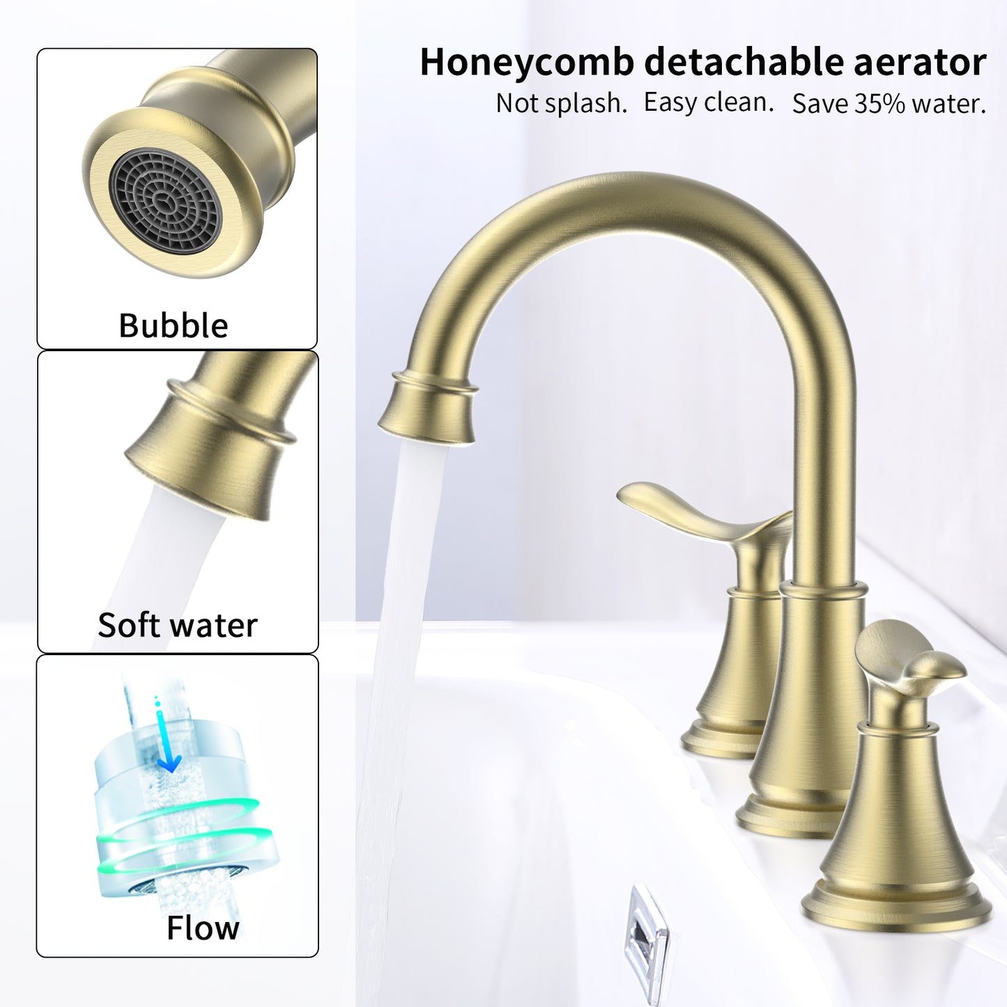 2-Handle 8-Inch Widespread Bathroom Sink Faucet, Brushed Gold 3-Hole Vanity Faucet with 360° Swivel Spout, Pop-Up Drain & Supply Lines Included
