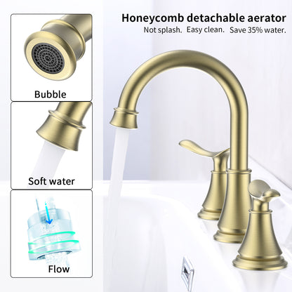 2-Handle 8-Inch Widespread Bathroom Sink Faucet, Brushed Gold 3-Hole Vanity Faucet with 360° Swivel Spout, Pop-Up Drain & Supply Lines Included