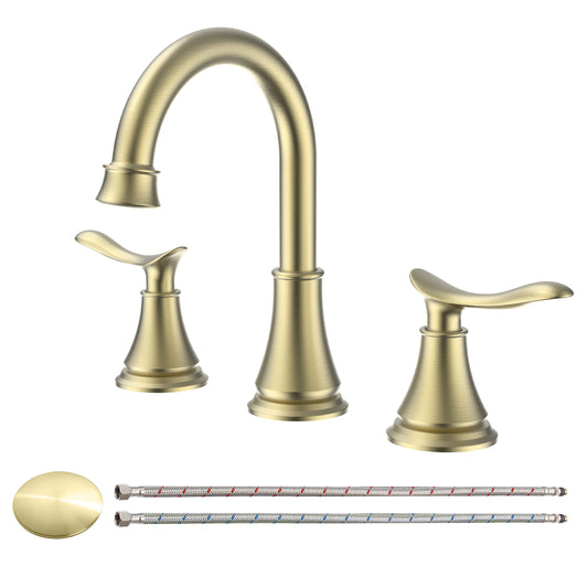 2-Handle 8-Inch Widespread Bathroom Sink Faucet, Brushed Gold 3-Hole Vanity Faucet with 360° Swivel Spout, Pop-Up Drain & Supply Lines Included