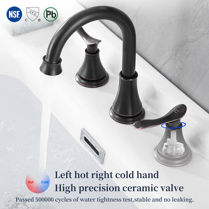 2-Handle 8-Inch Widespread Bathroom Sink Faucet, Oil-Rubbed Bronze 3-Hole Vanity Faucet with 360° Swivel Spout, Pop-Up Drain & Supply Lines Included
