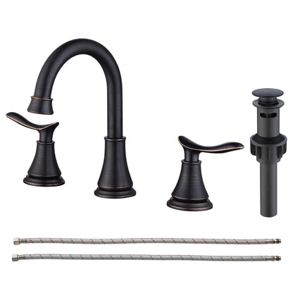 2-Handle 8-Inch Widespread Bathroom Sink Faucet, Oil-Rubbed Bronze 3-Hole Vanity Faucet with 360° Swivel Spout, Pop-Up Drain & Supply Lines Included