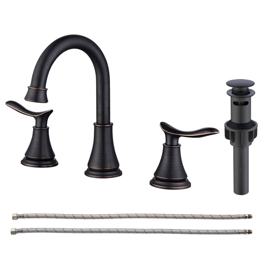 2-Handle 8-Inch Widespread Bathroom Sink Faucet, Oil-Rubbed Bronze 3-Hole Vanity Faucet with 360° Swivel Spout, Pop-Up Drain & Supply Lines Included