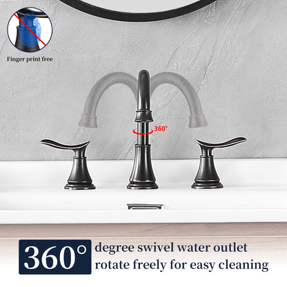 2-Handle 8-Inch Widespread Bathroom Sink Faucet, Oil-Rubbed Bronze 3-Hole Vanity Faucet with 360° Swivel Spout, Pop-Up Drain & Supply Lines Included