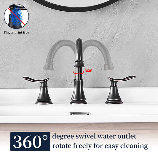 2-Handle 8-Inch Widespread Bathroom Sink Faucet, Oil-Rubbed Bronze 3-Hole Vanity Faucet with 360° Swivel Spout, Pop-Up Drain & Supply Lines Included