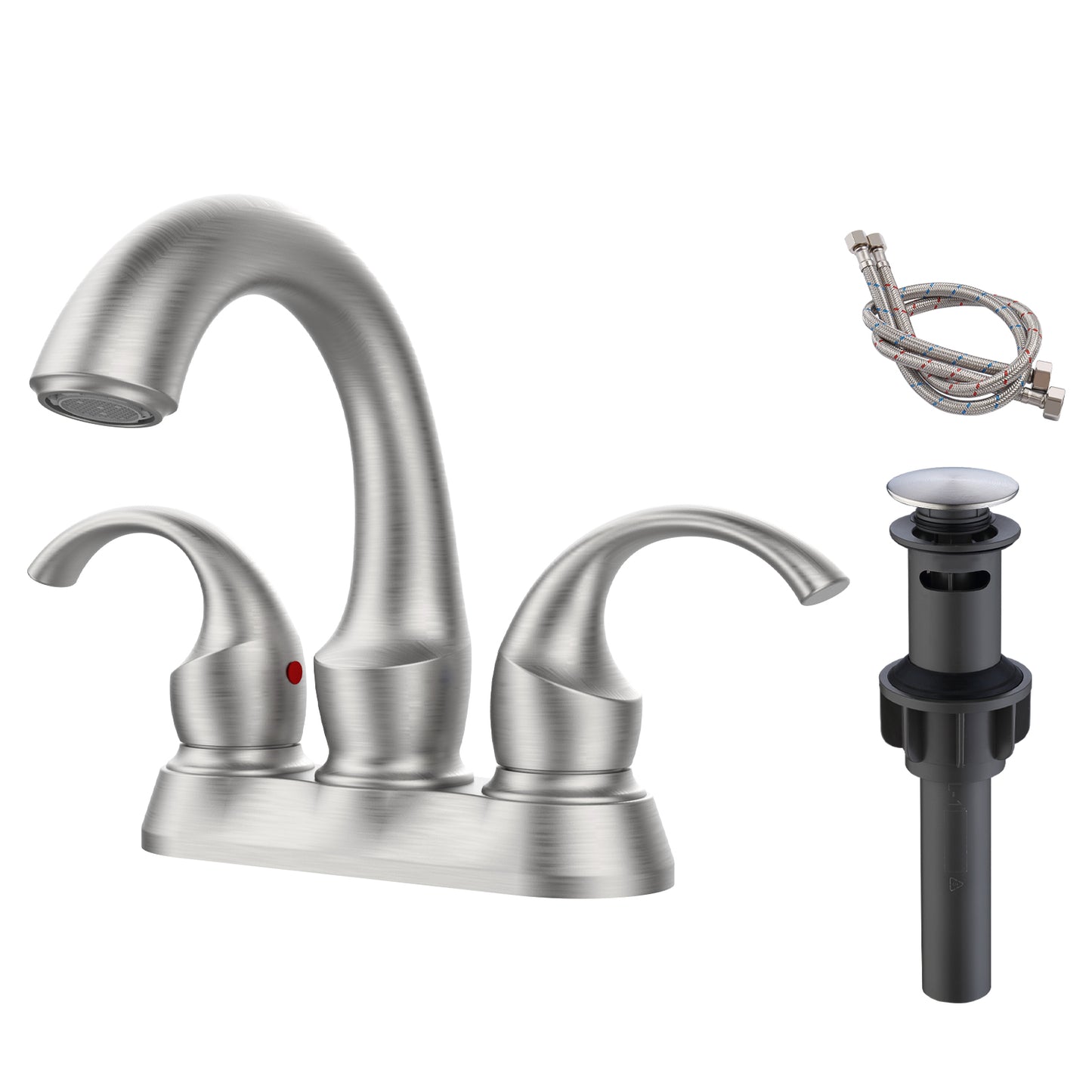 Brushed Nickel Swan Neck Style 4-Inch Centerset Bathroom Sink Faucet, Two-Handle Vanity Faucet with Pop-Up Drain & Supply Lines