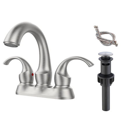 Brushed Nickel Swan Neck Style 4-Inch Centerset Bathroom Sink Faucet, Two-Handle Vanity Faucet with Pop-Up Drain & Supply Lines
