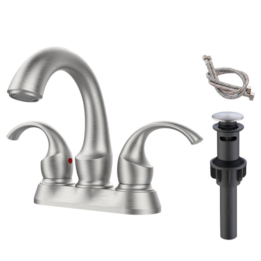 Brushed Nickel Swan Neck Style 4-Inch Centerset Bathroom Sink Faucet, Two-Handle Vanity Faucet with Pop-Up Drain & Supply Lines