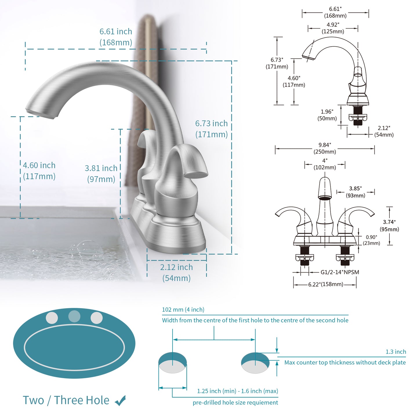Brushed Nickel Swan Neck Style 4-Inch Centerset Bathroom Sink Faucet, Two-Handle Vanity Faucet with Pop-Up Drain & Supply Lines