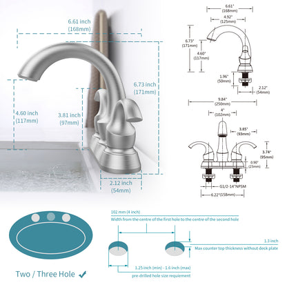 Brushed Nickel Swan Neck Style 4-Inch Centerset Bathroom Sink Faucet, Two-Handle Vanity Faucet with Pop-Up Drain & Supply Lines