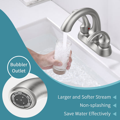 Brushed Nickel Swan Neck Style 4-Inch Centerset Bathroom Sink Faucet, Two-Handle Vanity Faucet with Pop-Up Drain & Supply Lines