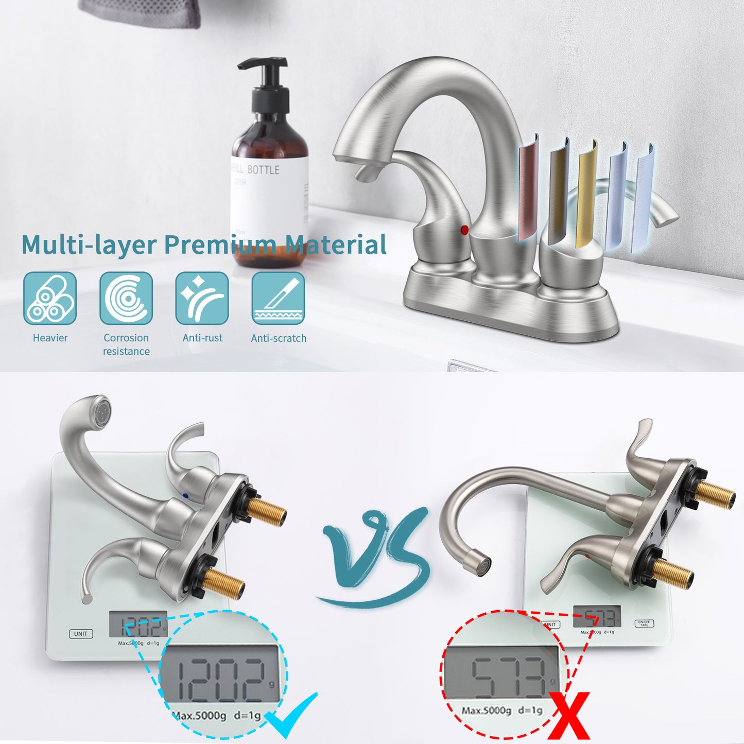 Brushed Nickel Swan Neck Style 4-Inch Centerset Bathroom Sink Faucet, Two-Handle Vanity Faucet with Pop-Up Drain & Supply Lines