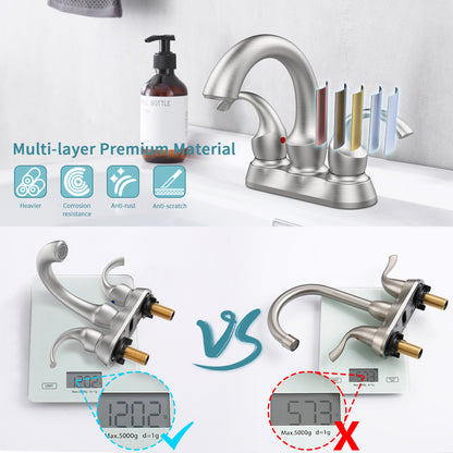 Brushed Nickel Swan Neck Style 4-Inch Centerset Bathroom Sink Faucet, Two-Handle Vanity Faucet with Pop-Up Drain & Supply Lines
