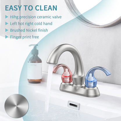 Brushed Nickel Swan Neck Style 4-Inch Centerset Bathroom Sink Faucet, Two-Handle Vanity Faucet with Pop-Up Drain & Supply Lines