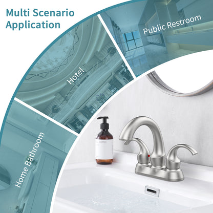 Brushed Nickel Swan Neck Style 4-Inch Centerset Bathroom Sink Faucet, Two-Handle Vanity Faucet with Pop-Up Drain & Supply Lines