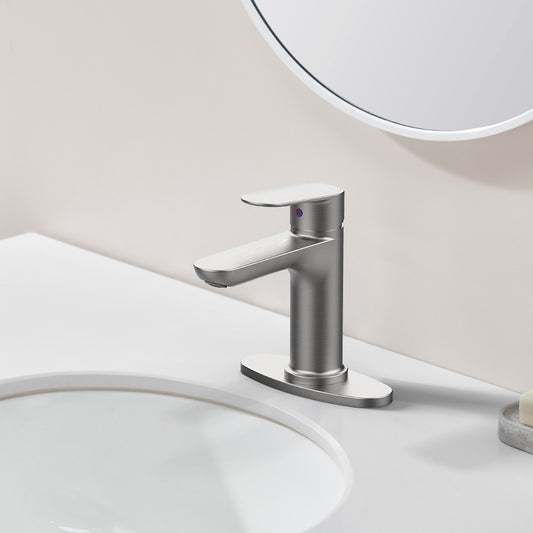 Brushed Nickel Bathroom Sink Faucet, Single Handle Vanity Faucet for 1-Hole or 3-Hole Installation with Deck Plate, Laundry Faucet with 2 Included 9/16" Water Supply Hoses