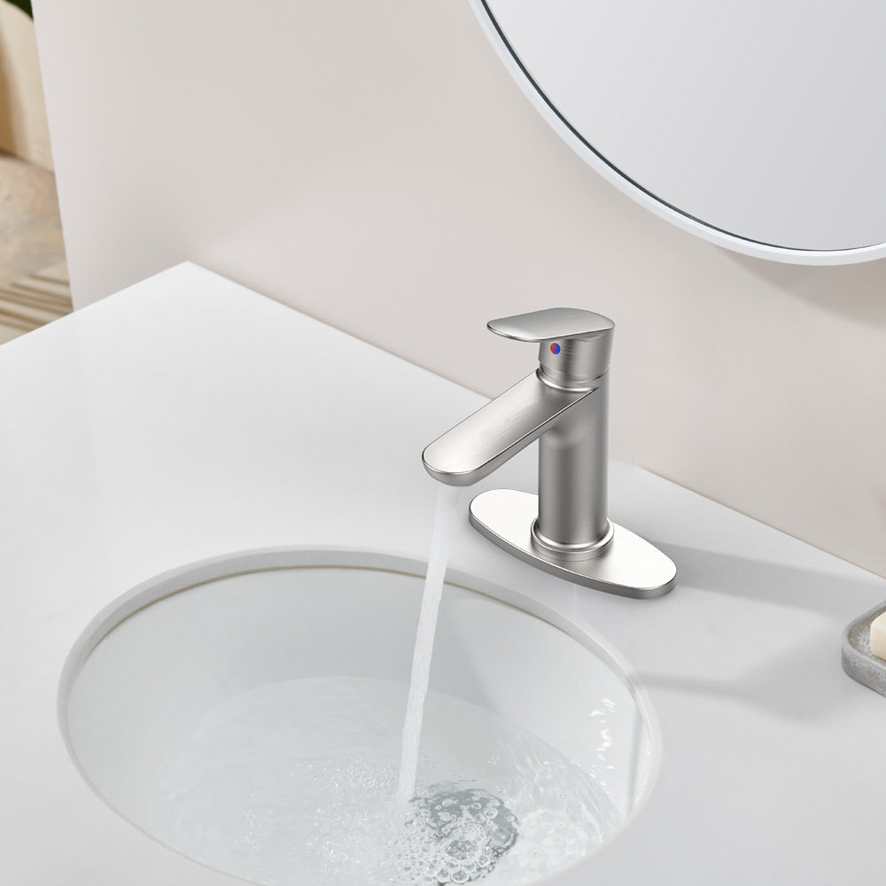 Brushed Nickel Bathroom Sink Faucet, Single Handle Vanity Faucet for 1-Hole or 3-Hole Installation with Deck Plate, Laundry Faucet with 2 Included 9/16" Water Supply Hoses
