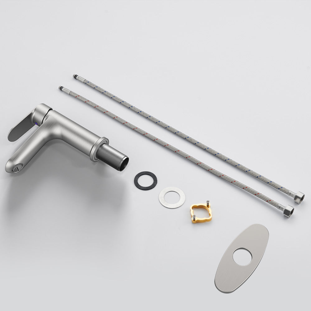 Brushed Nickel Bathroom Sink Faucet, Single Handle Vanity Faucet for 1-Hole or 3-Hole Installation with Deck Plate, Laundry Faucet with 2 Included 9/16" Water Supply Hoses