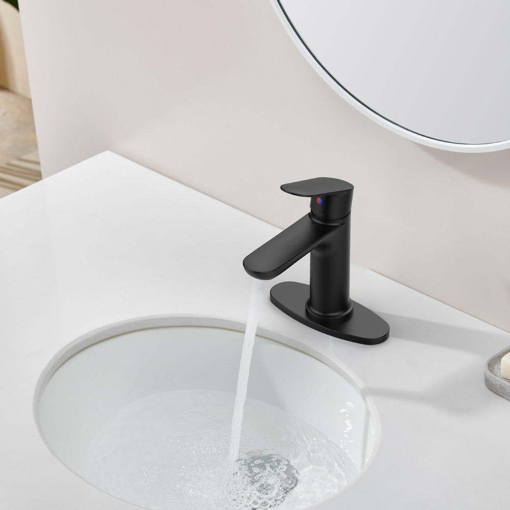 Matte Black Bathroom Sink Faucet, Single Handle Vanity Faucet for 1-Hole or 3-Hole Installation with Deck Plate, Laundry Faucet with 2 Included 9/16" Water Supply Hoses